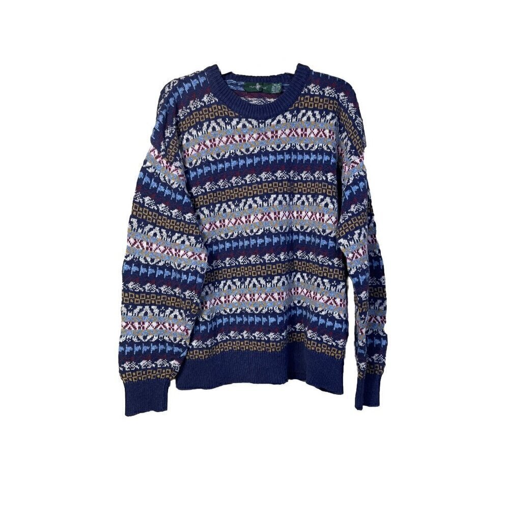 Vintage Hunt Club Grandpa Sweater 100% Cotton Crewneck Size XL Geometric 90s USA